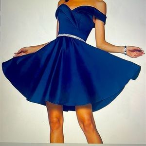 Satin off the shoulder hoco dress in midnight blue